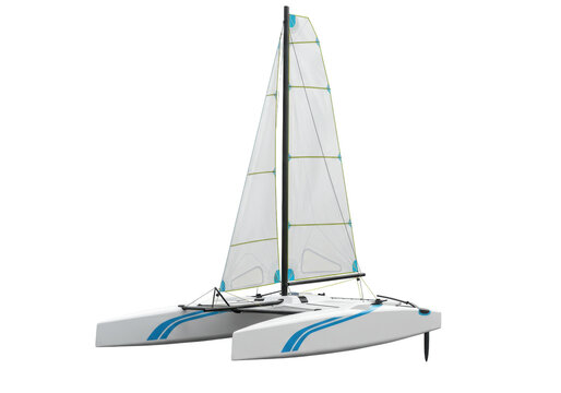 Isolated catamaran sailing boat, sleek design with tall sail, prepared for sailing on the sea