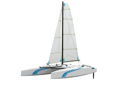 Isolated catamaran sailing boat, sleek design with tall sail, prepared for sailing on the sea