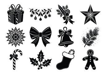 Christmas Icons Set with Gifts Ribbons and Floral Decorations silhouette 
