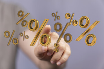 Hand reaching out to touch percent signs representing financial growth, discounts, interest, or...