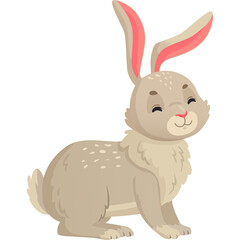 Cute cartoon rabbit with long pink ears and closed eyes smiling joyfully with light brown fur and speckles on its body isolated on transparent background