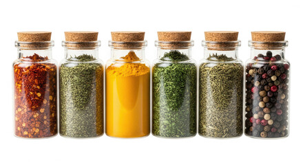 Variety of spices in glass jars isolated on transparent background