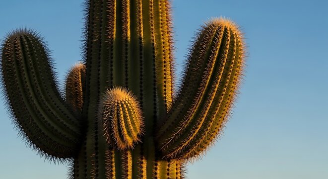 A close-up showcases a tall cactus silhouetted against a gradient blue sky, bathed in golden sunlight. The textured surface is well-defined