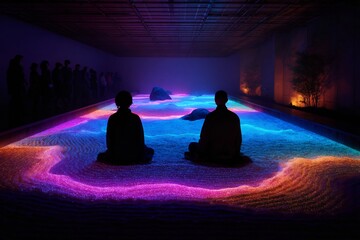 Meditation zen garden glowing light therapy mindfulness retreat spiritual wellness guided meditation space art