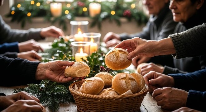 Indoor warm composition, elderly woman serving bread rolls to group of homeless people, Gathering family around the table sharing bread rolls during Christmas    - Powered by Adobe