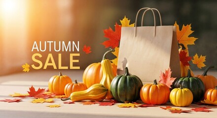 Autumn sale with pumpkins and leaves on table in warm lighting, autumn sale banner   