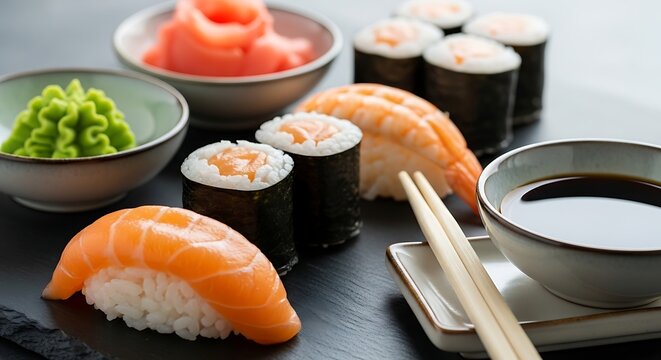 A close-up showcases sushi arrangements with salmon nigiri, rolls, shrimp, wasabi, ginger, soy sauce, and chopsticks - Powered by Adobe