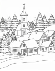 Winter village coloring page featuring houses, church, and evergreen trees
