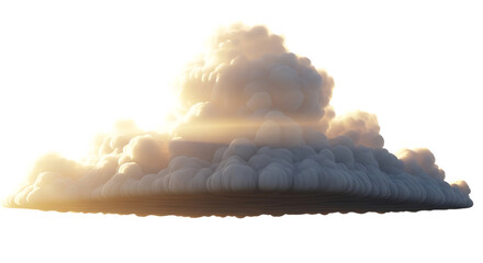 A large, billowing cloud formation, isolated on transparent background, illuminated by a warm, golden light, creating a dramatic and ethereal atmosphere with its soft, fluffy texture and dynamic shape