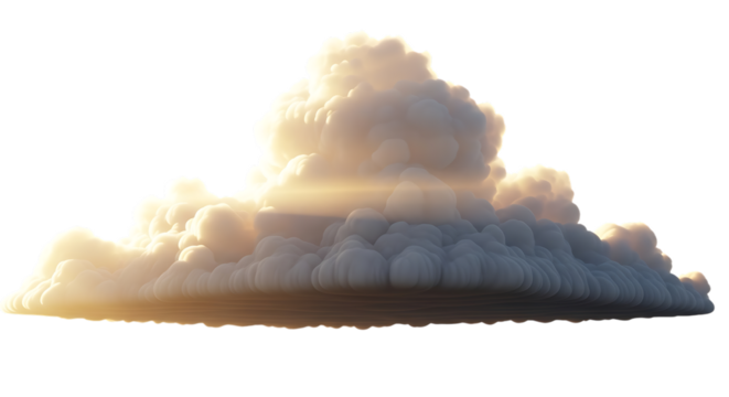 A large, billowing cloud formation, isolated on transparent background, illuminated by a warm, golden light, creating a dramatic and ethereal atmosphere with its soft, fluffy texture and dynamic shape
