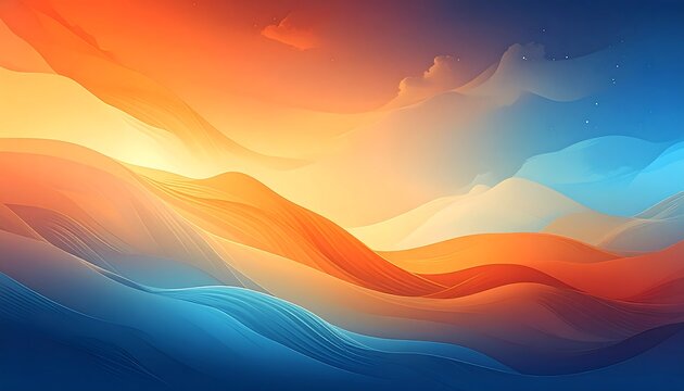An abstract artwork with flowing shapes in orange, yellow, and blue hues, mimicking layers of a fiery sky or ocean waves