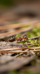 A close-up side profile of a small red and black ant, foraging across a bed of brown needles and green moss in the forest