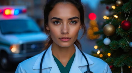 A female doctor, in a white medical coat, is working next to a New Year's tree and an ambulance.