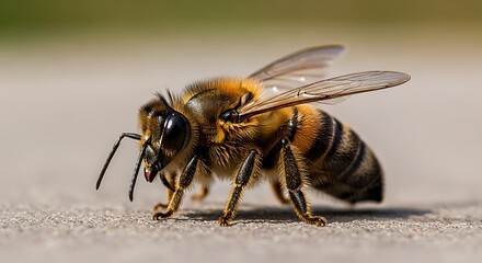A close-up side view of an insect with translucent wings and striped abdomen, resting on a textured surface