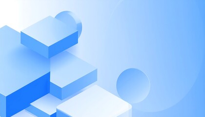 Abstract illustration featuring floating blue geometric shapes, including cubes, cylinders, and spheres, on a light blue gradient background