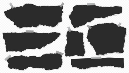 Set of torn black note paper pieces with sticky tape are on transparent background for text, notes or ad.