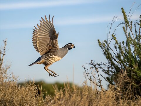 Flying California Quail in Nature