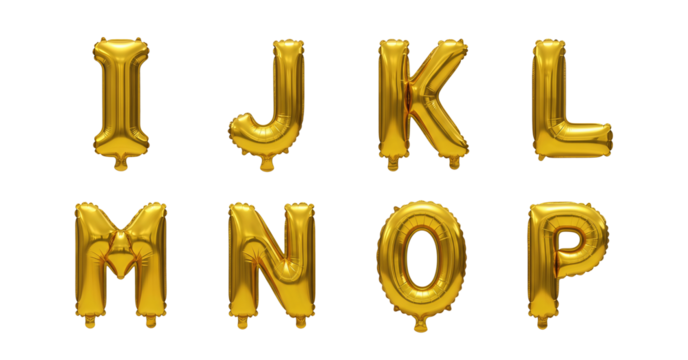 Gold Foil Balloon Alphabet Letters I to P Isolated on Transparent Background for Parties, Events, Celebrations, and Graphic Design Projects