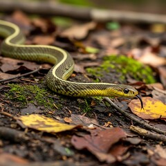 Obraz premium A close-up view captures a slender serpent slithering across the forest floor of fallen leaves and a touch of green moss