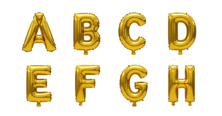 Gold Foil Balloon Alphabet Letters A to H Isolated on Transparent Background for Parties, Events, Celebrations, and Graphic Design