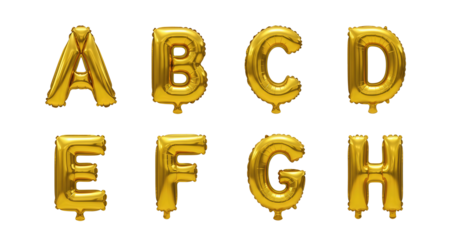 Gold Foil Balloon Alphabet Letters A to H Isolated on Transparent Background for Parties, Events, Celebrations, and Graphic Design