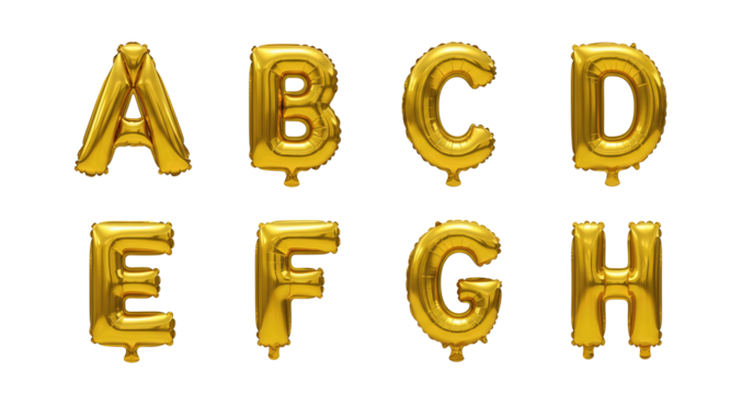 Gold Foil Balloon Alphabet Letters A to H Isolated on Transparent Background for Parties, Events, Celebrations, and Graphic Design