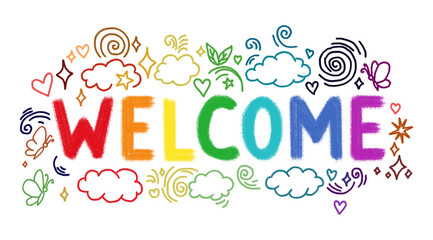 Illustration of hand drawn colorful welcome message with doodles isolated on transparent background