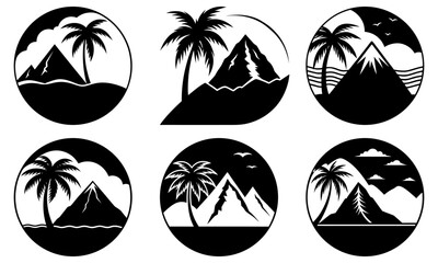 Tropical island vacation logos with palm trees and mountains, perfect for travel agencies, resorts, and summer promotions, embodying relaxation and adventure