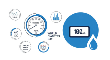Infographic illustration for World Diabetes Day with a glucometer and medical icons on a white background.