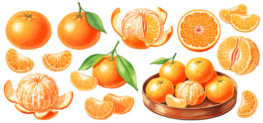 みかんのイラストセット｜房・断面・皮をむいたみかん・葉付きオレンジ
