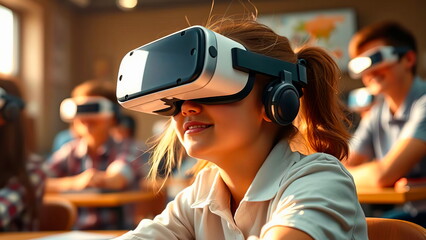 A girl wearing a VR headset smiles as she enjoys learning about the technology at school.