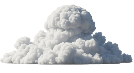 Fluffy white cloud isolated on transparent background, resembling a cumulus formation, with a soft, cottonlike texture and billowy appearance, creating a serene and ethereal atmosphere in the sky, per