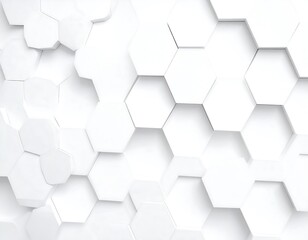 Abstract white background featuring a collection of 3D hexagonal shapes. Overlapping patterns create depth and shadow, forming a textured design