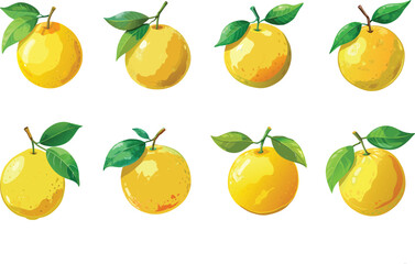 Obraz premium Watercolor image of eight yellow oranges with leaves, displayed on white background