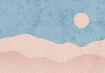 Minimalist abstract landscape with soft mountains and a sun, created with paper and watercolor textures.