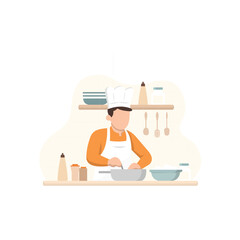Hand Drawn Chef Cooking in The Kitchen Flat Design Style Illustration for Food and Beverages Business Ideas