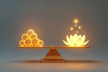 A golden scale balancing industrial gears and a spiritual lotus for work-life harmony