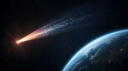 Comet fly near planet Earth. Sparkling and shiny tail on black outer space sky. Make a wish.