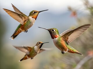 Obraz premium Flock of Buff-bellied Hummingbirds isolated flying