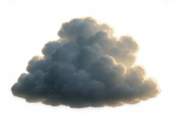 Cumulus cloud formation appearing on transparent background, sunlit and fluffy, representing weather atmosphere
