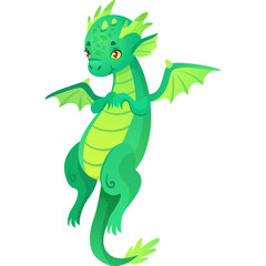 Cute Green Baby Dragon With Small Wings And Spiky Tail In A Playful Pose On A White Background