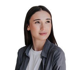 Close up portrait of young purposeful woman in grey shirt looking aside over transparent...