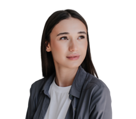 Close up portrait of young purposeful woman in grey shirt looking aside over transparent background. Mockup, Y