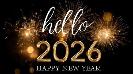 Bright golden fireworks explode in the night sky welcoming the year 2026 with hello happy new year