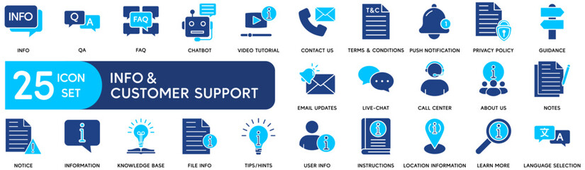 Info and customer support icon set. Thin line editable stroke icons for information help desks, call centers, online assistance, technical support, data protection, faq and qa