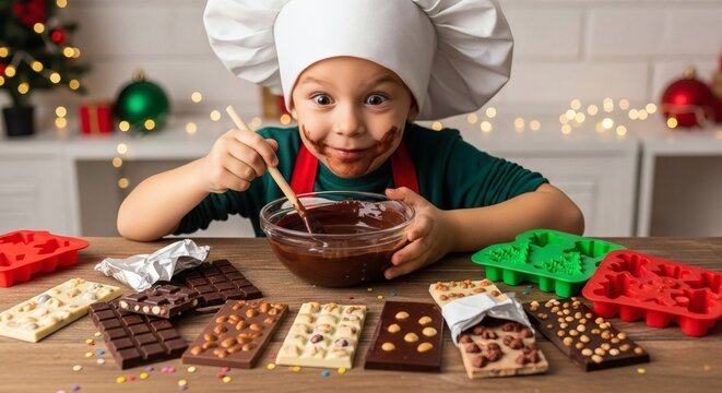 Happy Child Chef Cooking Chocolate Bars — Christmas Dessert Workshop Concept