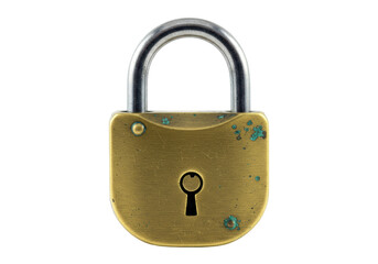 Isolated padlock with tarnished brass finish, metal shackle, and keyhole detail – safety concept