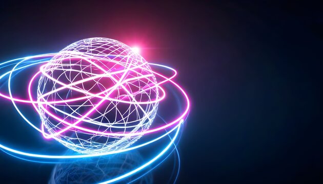 A glowing wireframe globe with swirling pink and blue light trails symbolizing global networks and data transfer.