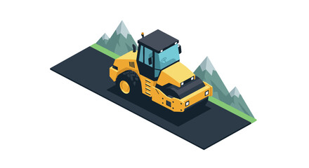 Naklejka premium Isometric road roller on highway with scenic mountain background