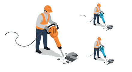Fototapeta premium Construction worker operating jackhammer in isometric style on white background